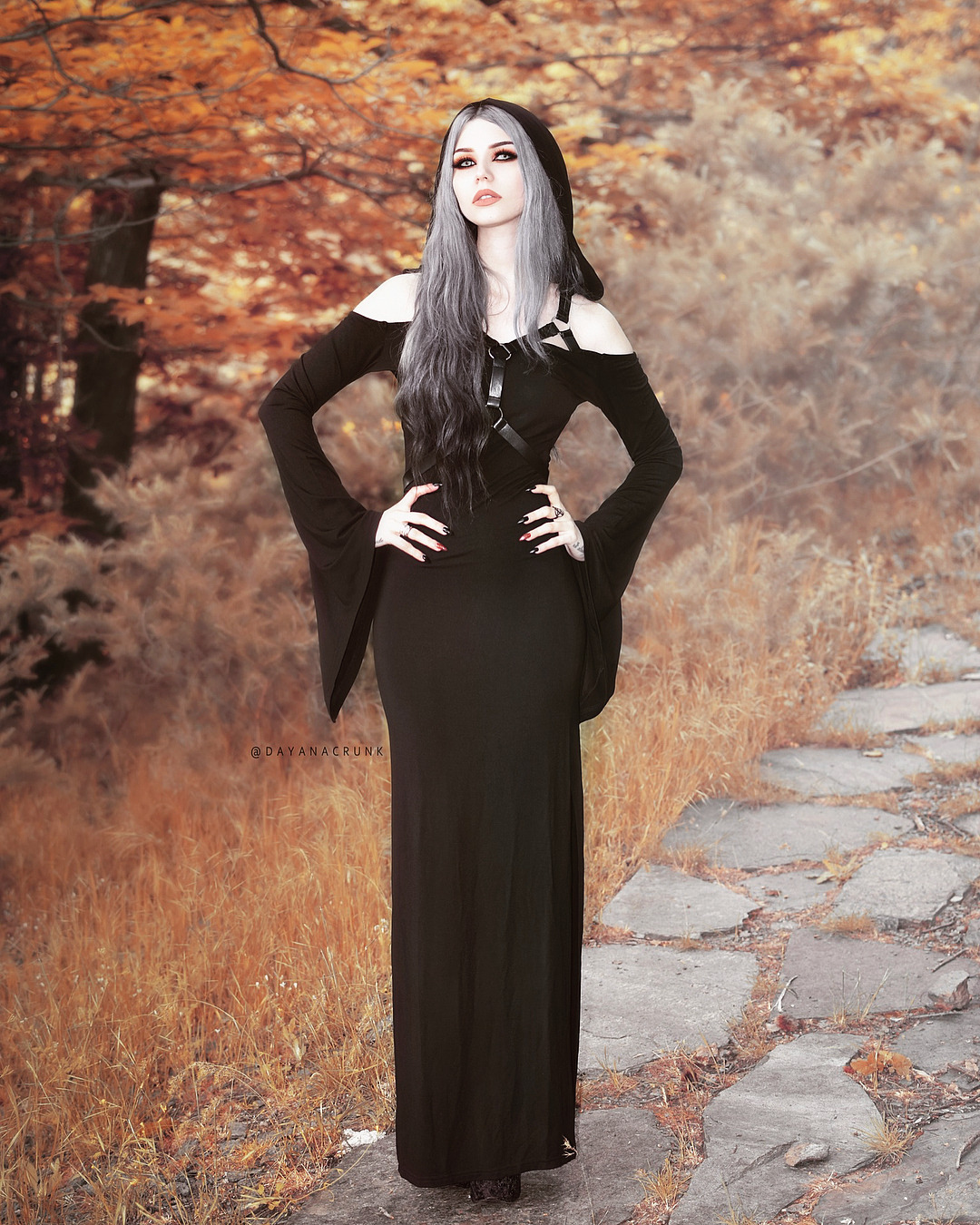 dark majestic dress and white hair witch